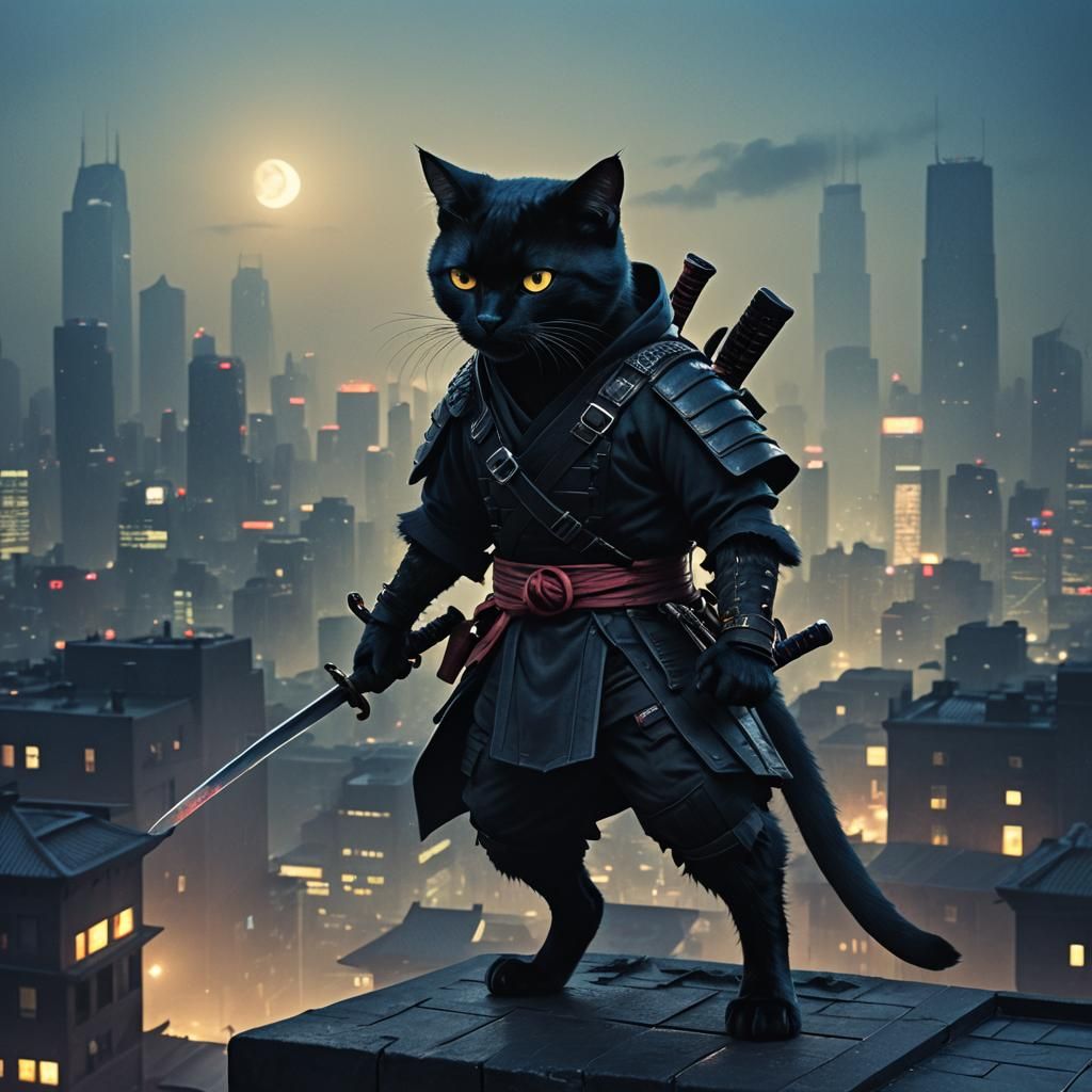 Hyper realistic Bombay ninja cat katanas crossed on his back