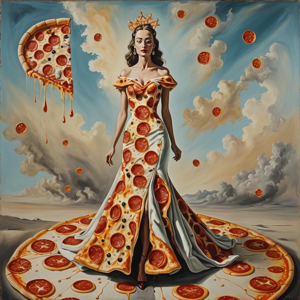 woman wearing a Haute couture pizza gown made of pizza on the runway