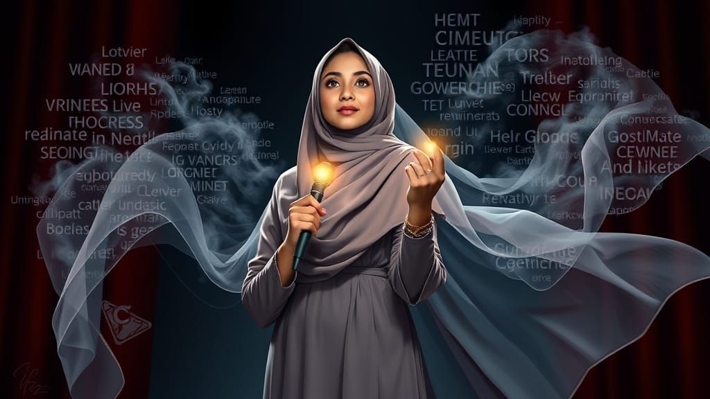 Woman with Glowing Pen on Stage, Digital Art