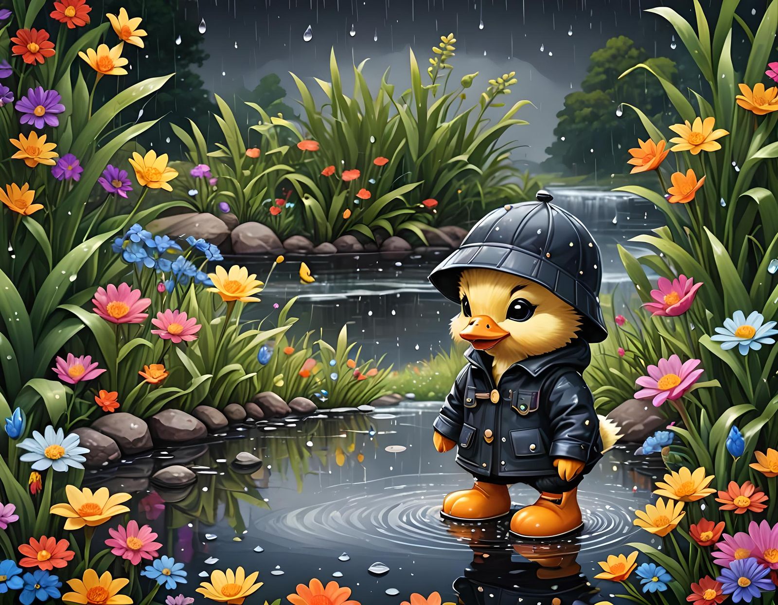 Cute Duckling in Boots Crystal Style Raining Scenery