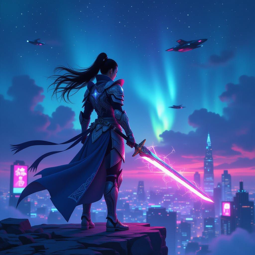 Celestial Warrior Over Cyberpunk City in Anime Style