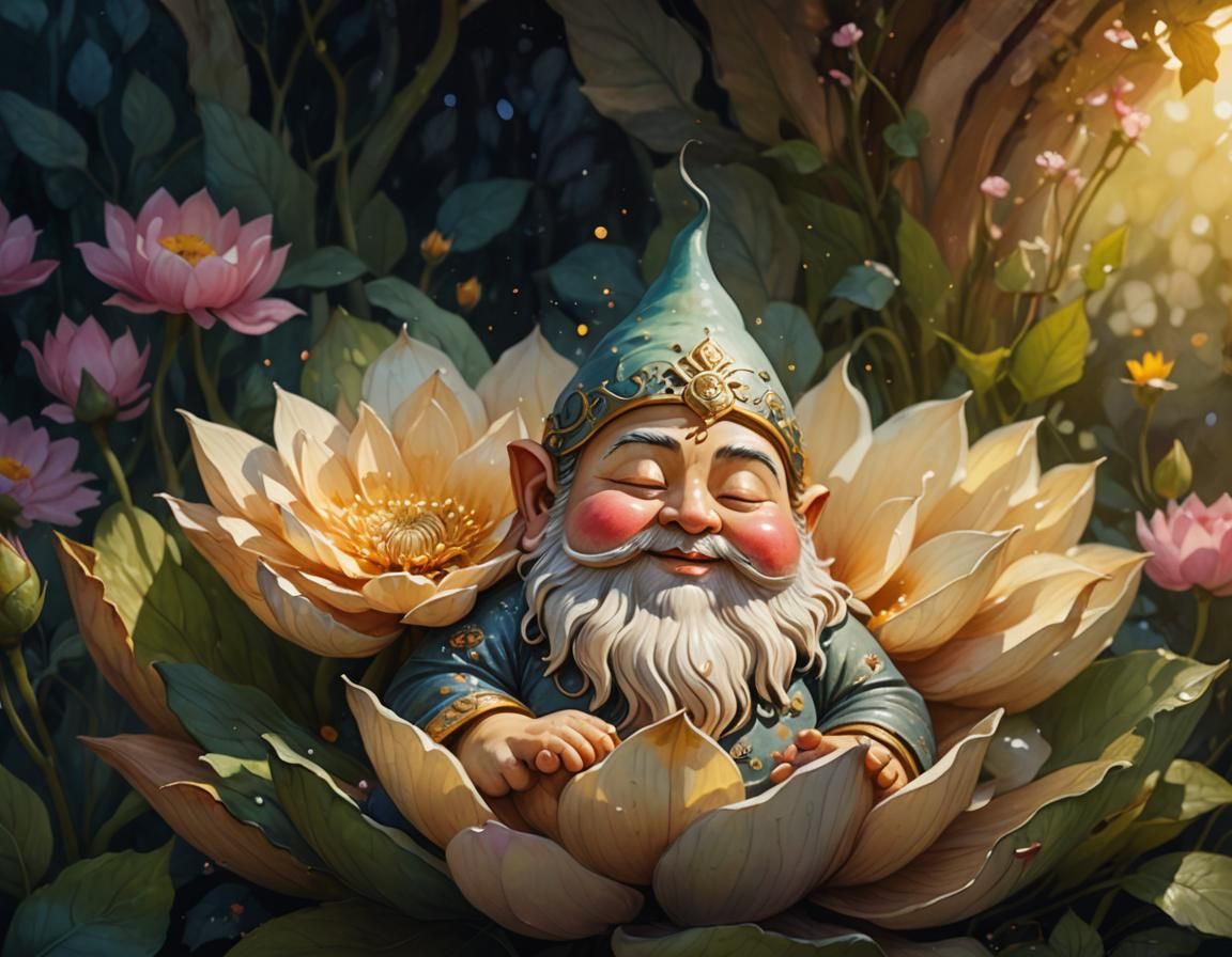 Gnome Buddha Sleeping in Flower: Watercolor Illustration