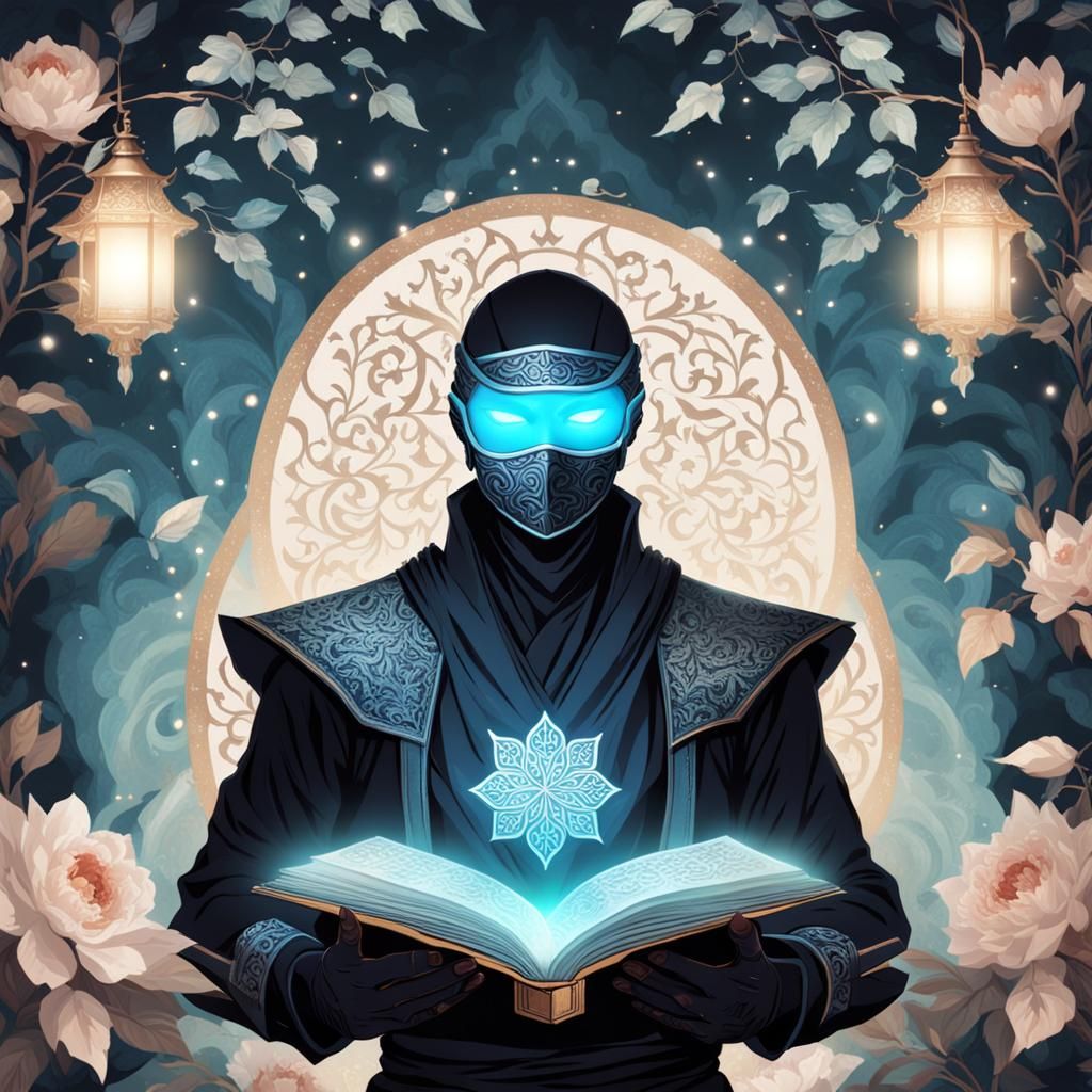 Masked Ninja with Magical Book and Floral Background
