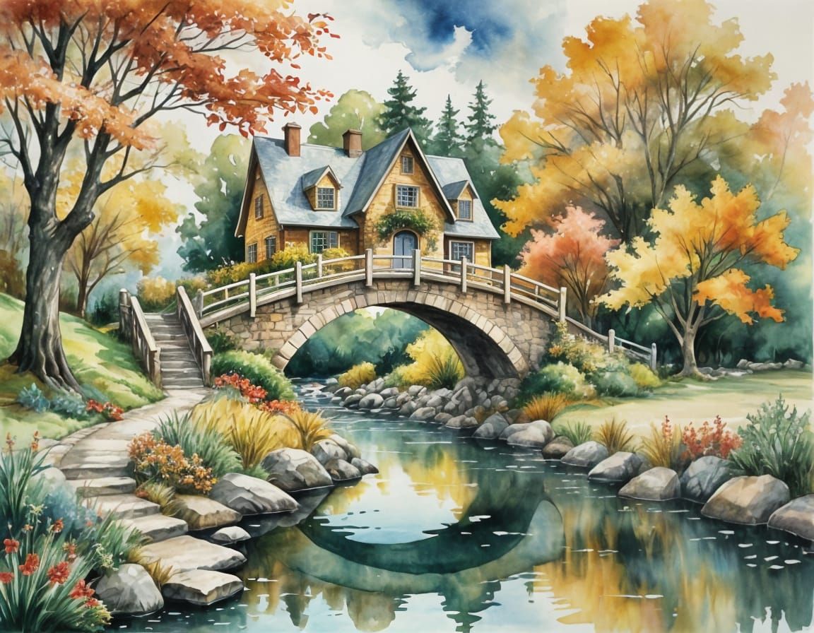 Whimsical Watercolor Cottage Amidst Autumn Foliage