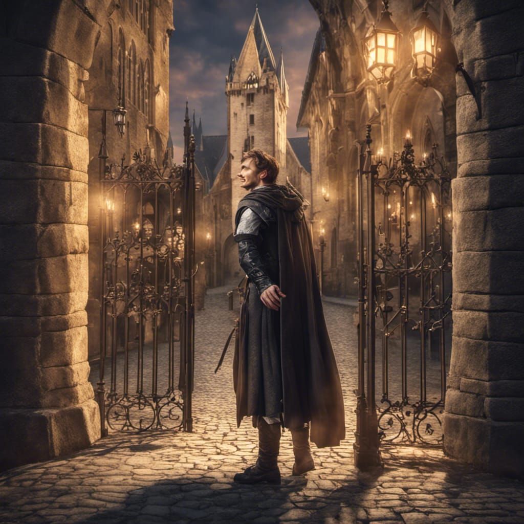 Hopeful Arrival in Utopian Medieval City