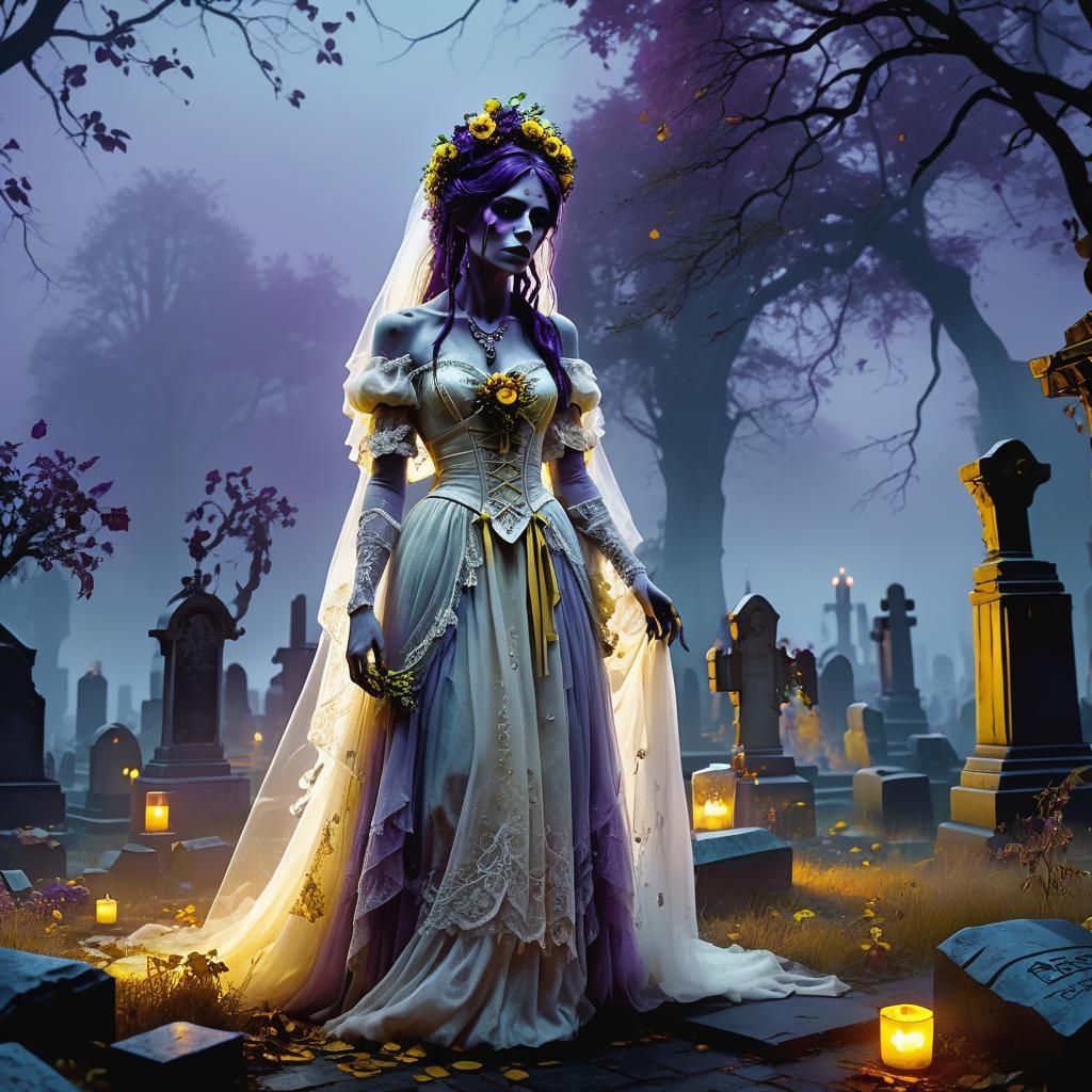 Zombie Bride in Haunted Cemetery: Dark Fantasy Art