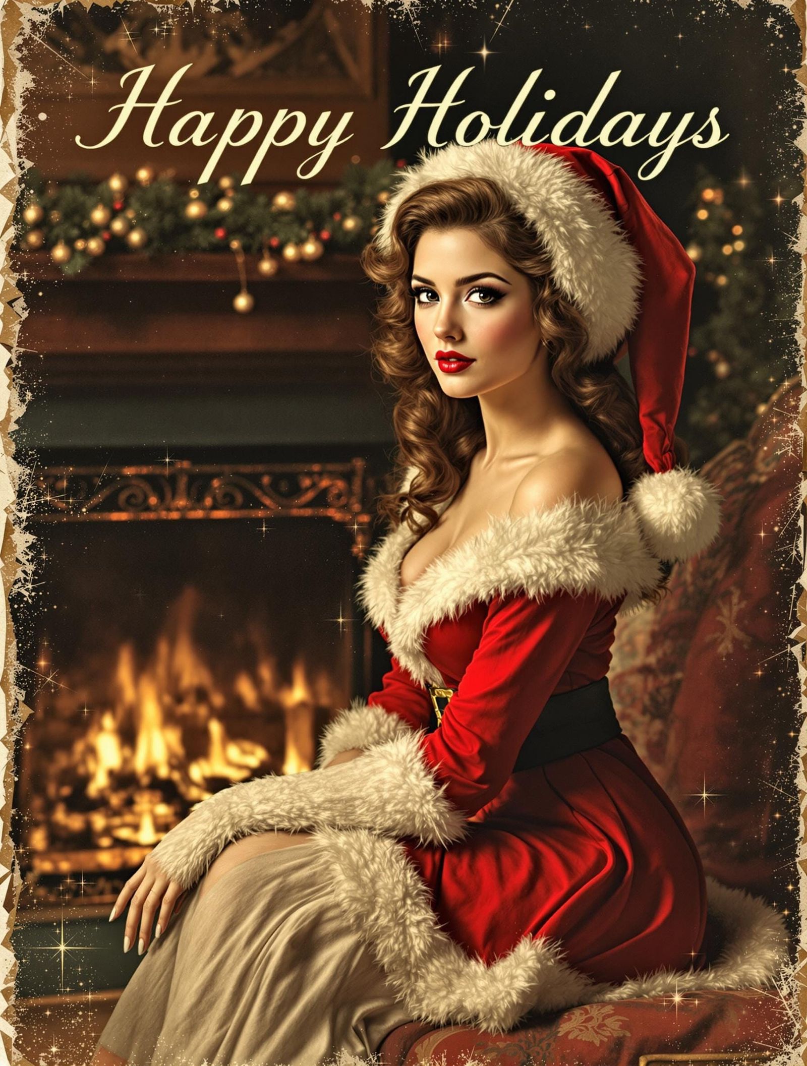 Vintage Santa Postcard with Fireplace