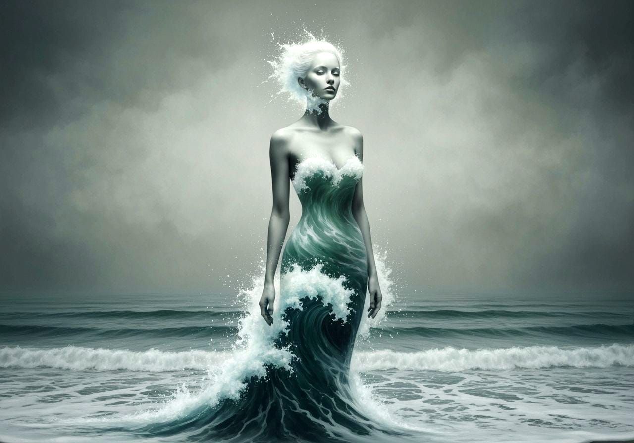 Ethereal Woman in Wave Dress in Surreal Ink Style