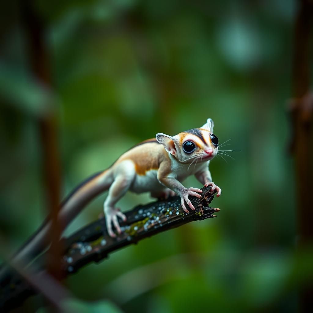 Sugar Glider Leaps in Wet Forest: Macro Tilt-Shift