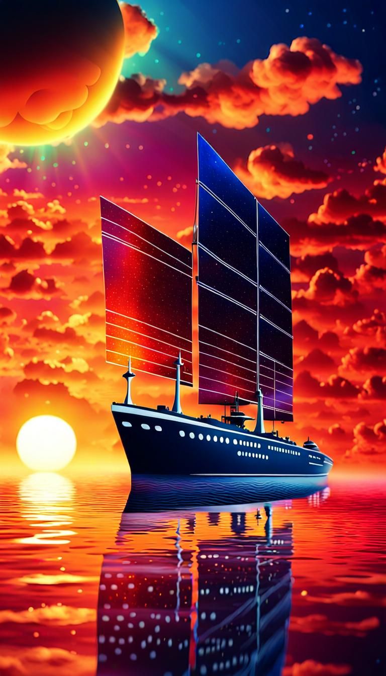 Space Cruise Ship with Solar Sail at Sunset