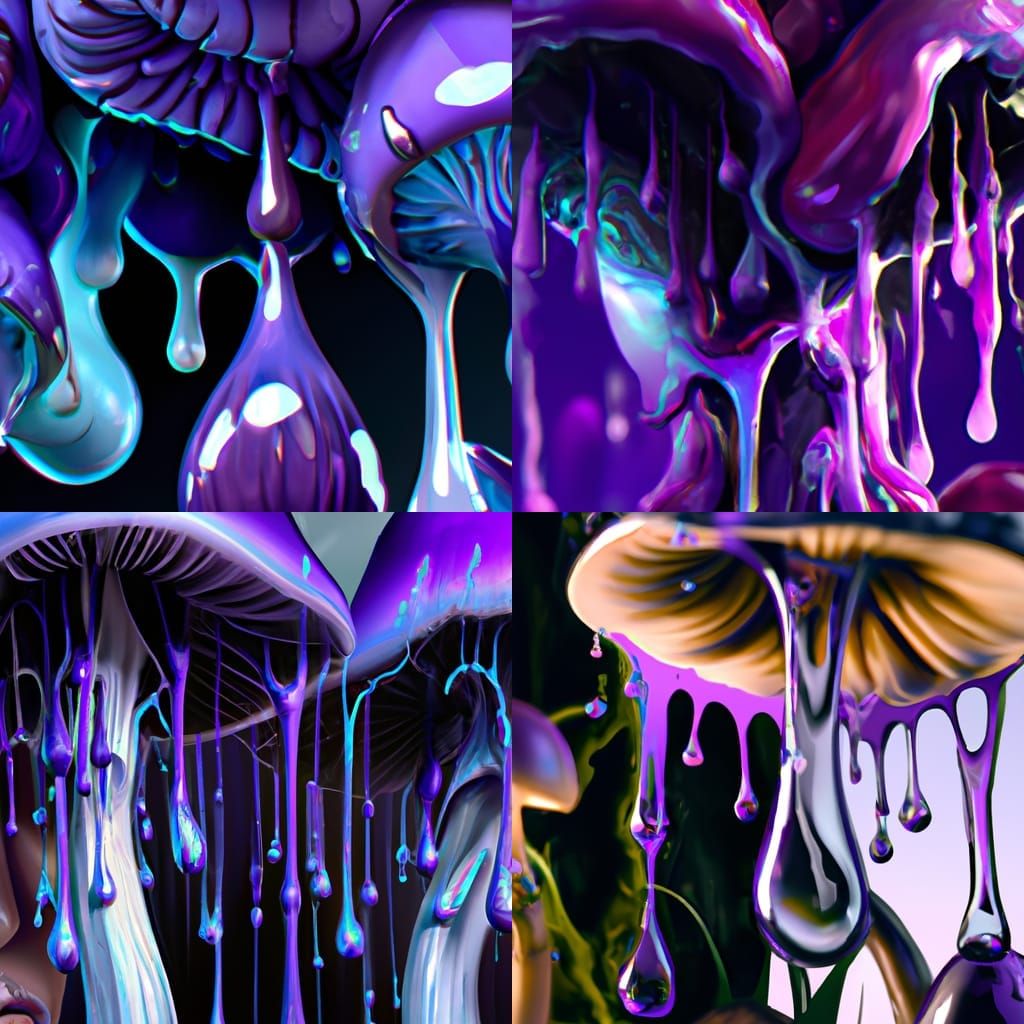 Cosmic Liquid Dripping on Purple Mushrooms, Detailed Digital...