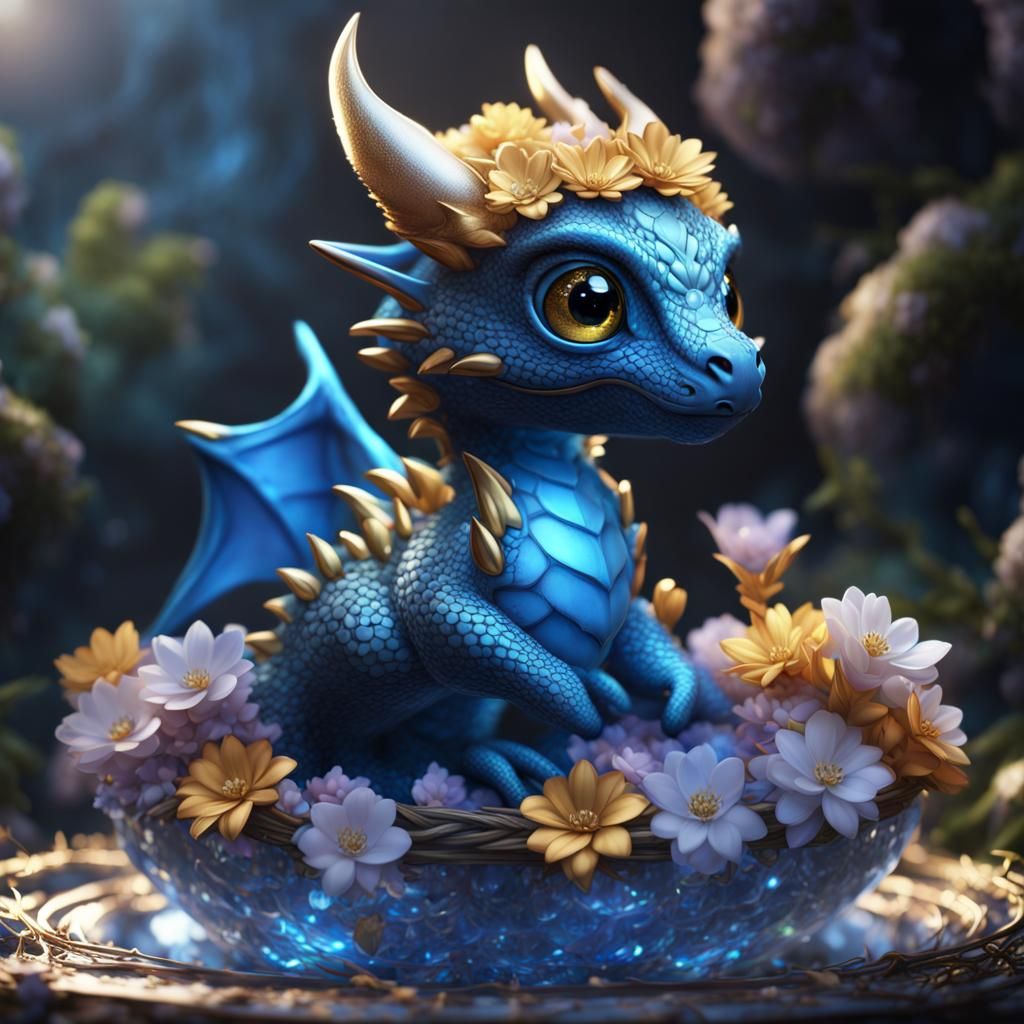 Kawaii Baby Dragon in Crystal Nest, Animated Art