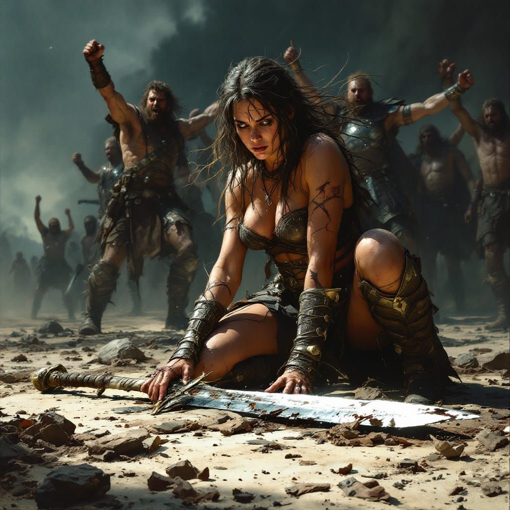 Victorious Conquerors Surround a Fallen Female Warrior