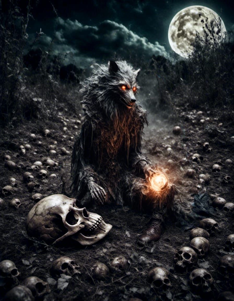 Ethereal Werewolf with Glowing Eyes Kneeling