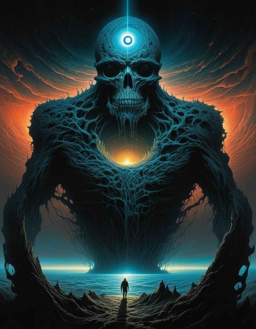 Cosmic Eye on Floating Island in Beksiński Style