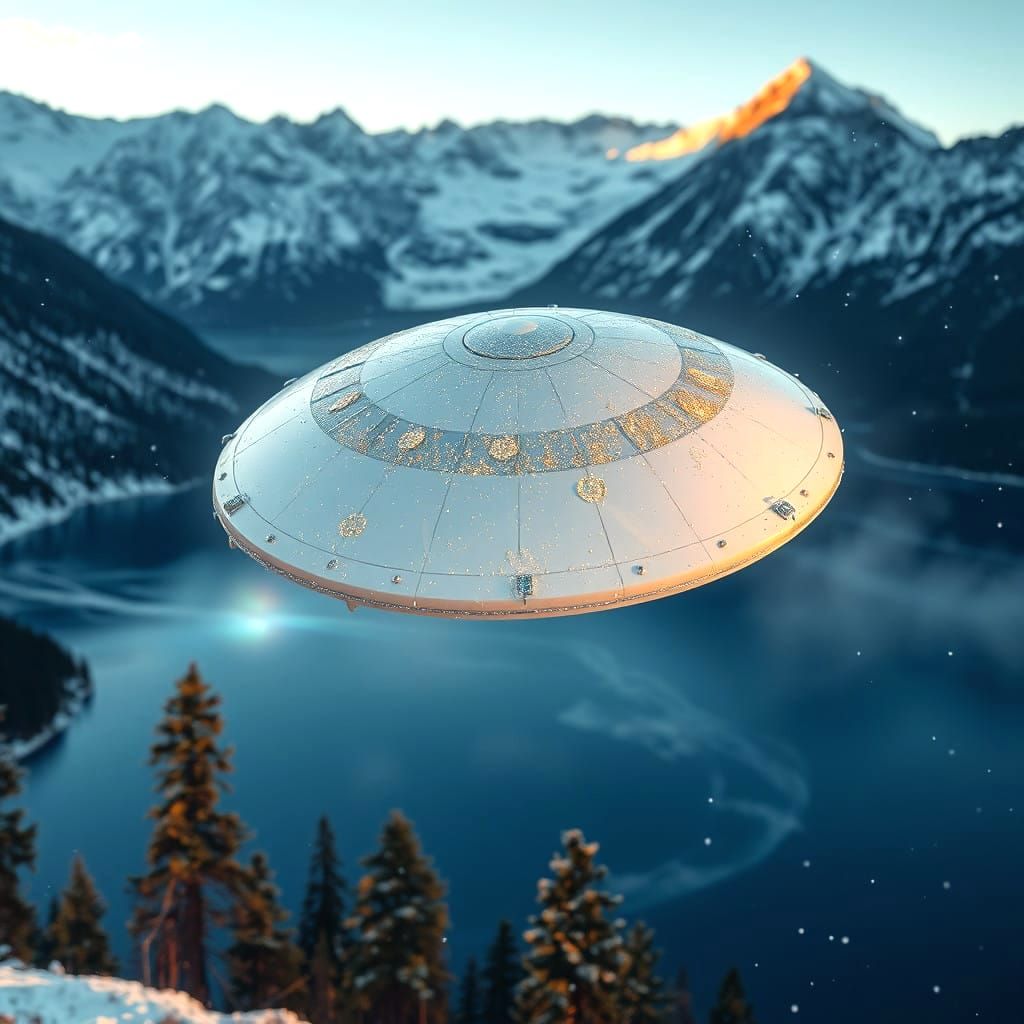 Sleek Spaceship Descends on Serene Lake Amidst Majestic Moun...