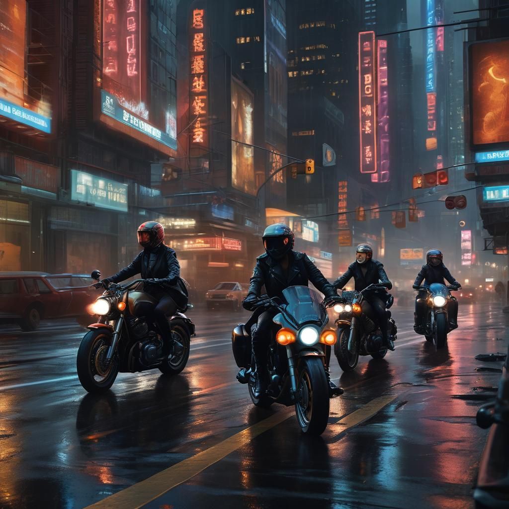 Women Ride Motorcycle in Futuristic Cityscape