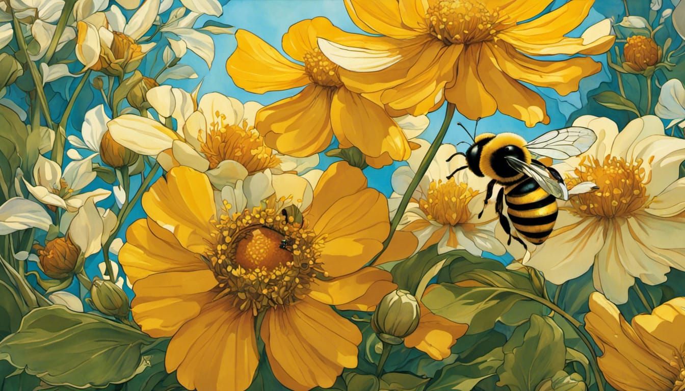 Bee Gathering Honey in Art Nouveau Style