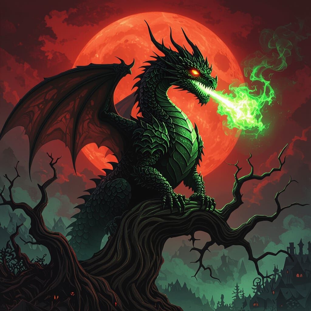 Fierce Dragon Breathing Fire on Halloween Night