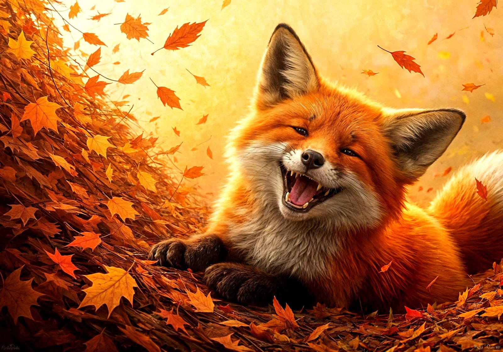 Red Fox Playing in Autumn Leaves