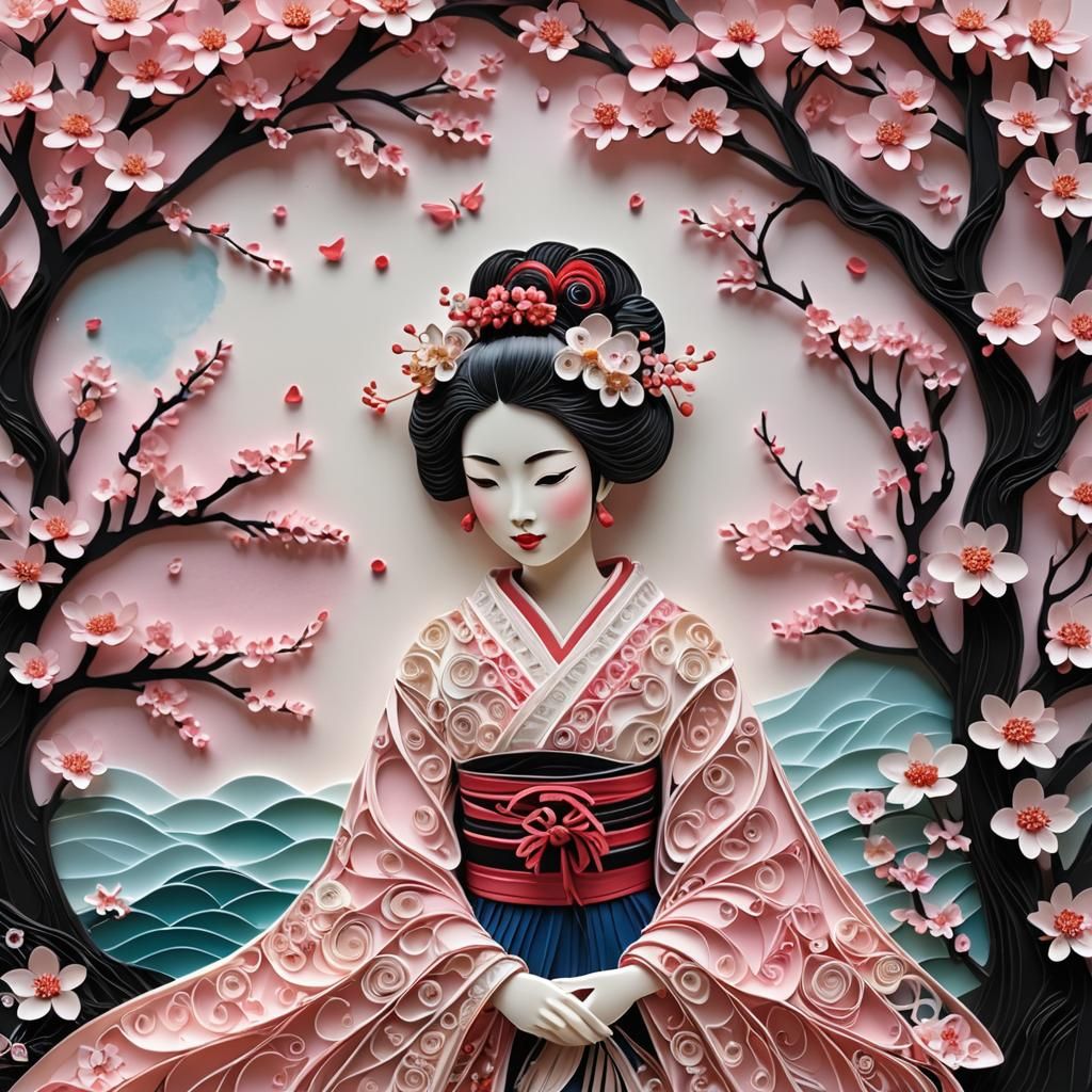 Geisha Under Cherry Tree in Kirigami Style
