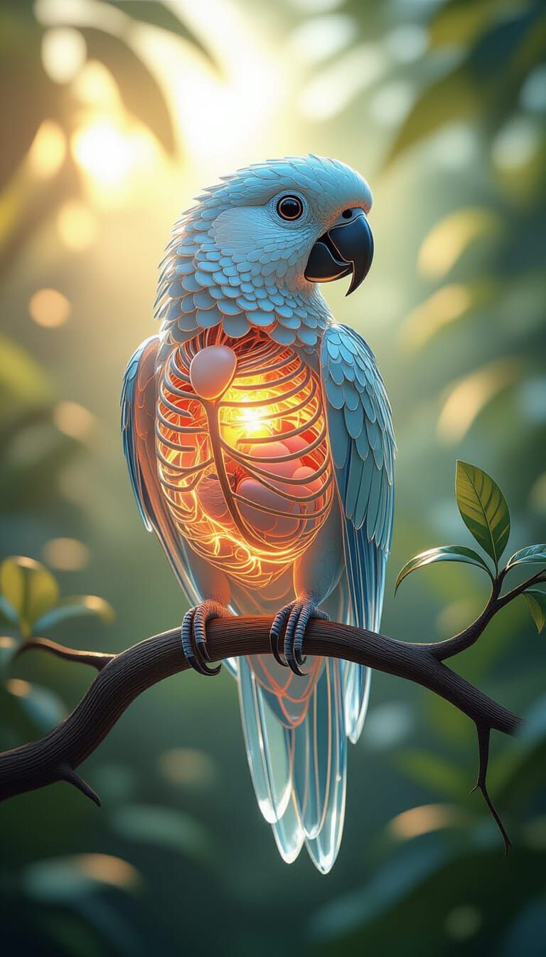Crystal Parrot with Visible Organs in Fantasy Realism
