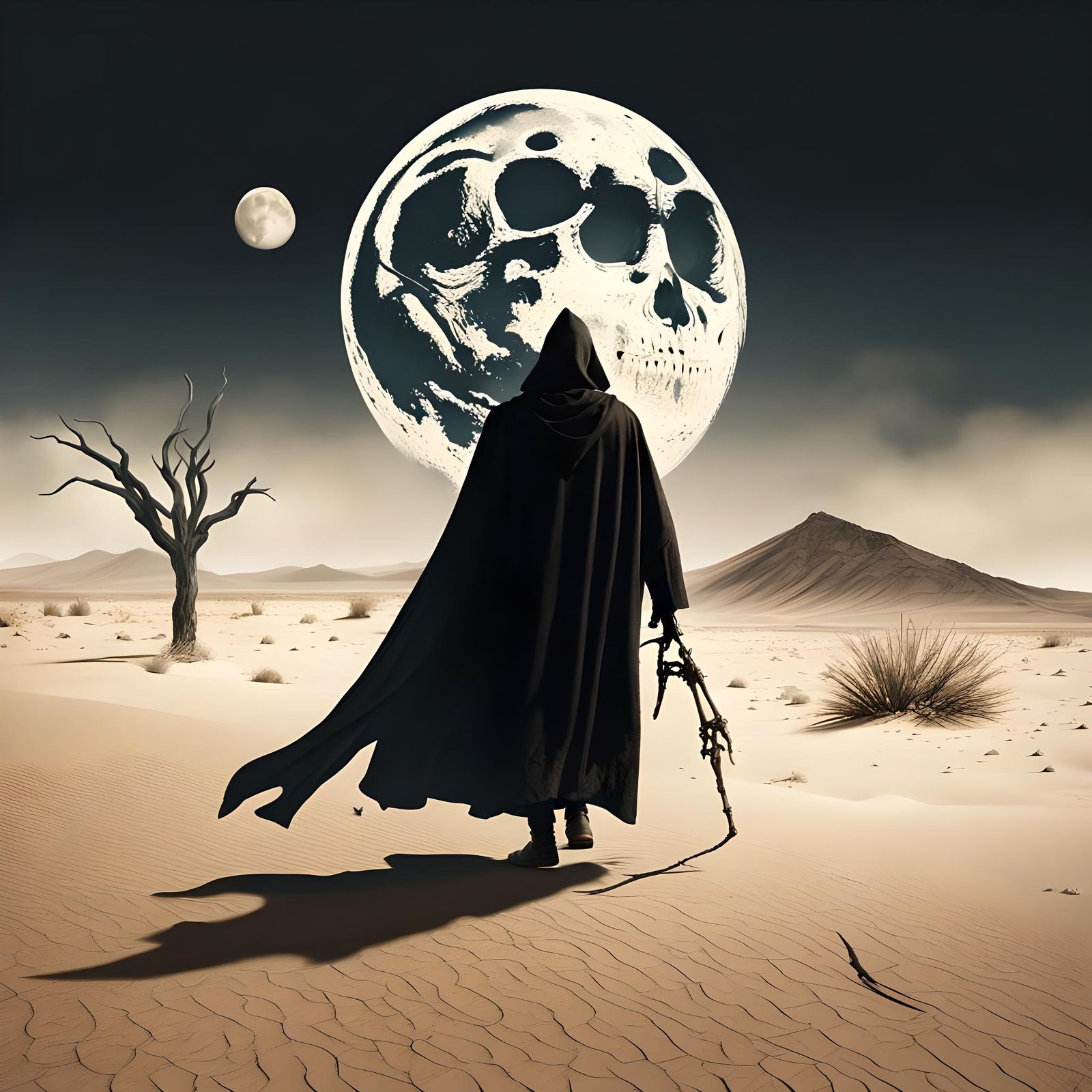 Man in Dark Cloak in Barren Desert