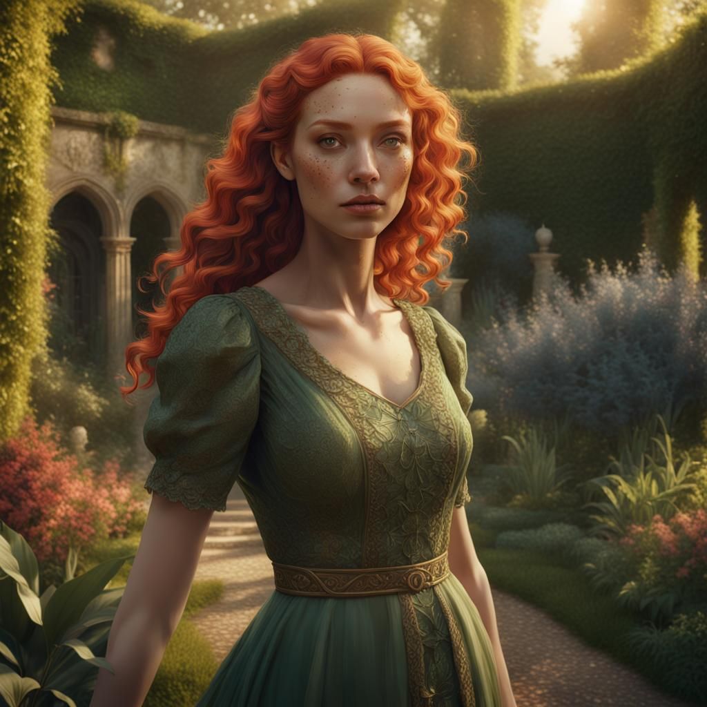 Red-Haired Woman in Enchanted Garden, Fantasy Art