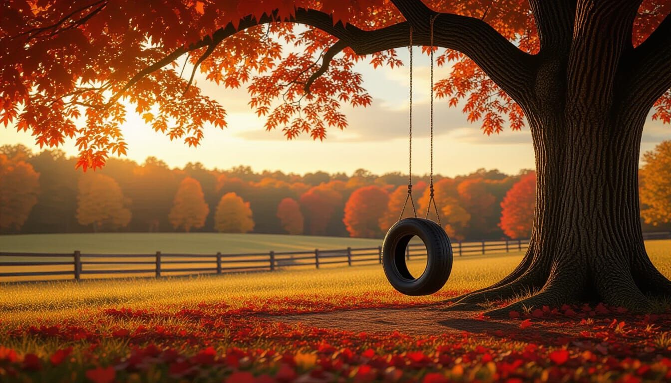 Nostalgic Autumn Farm Scene with Tire Swing