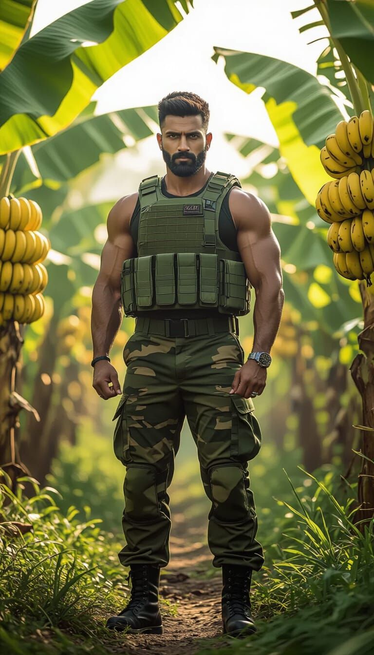 Indian Army Soldier in Banana Plantation, Hyperrealistic Sty...