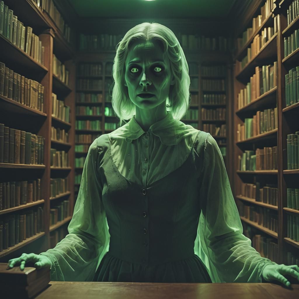 Eerie Librarian Ghost in Retro Horror Style