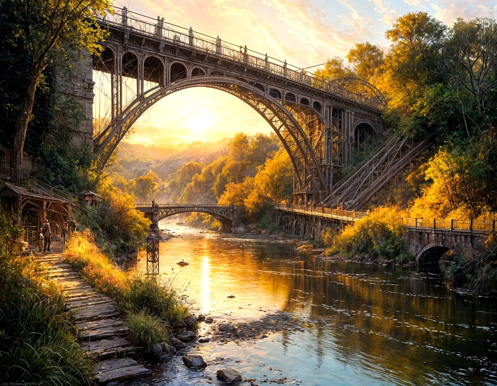 Dramatic Sunset Bridge in Golden Light, Fine Art Matte Paint...