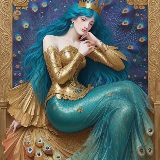 Peacock Mermaid with Floral Crown in Abstract Expressionism