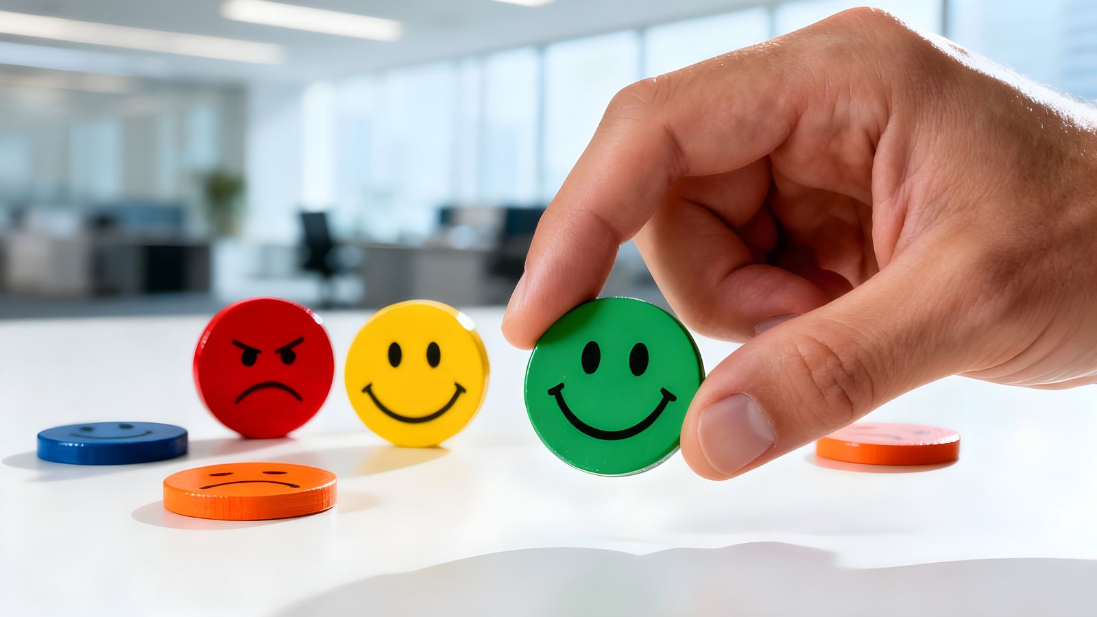 Person Holds Happy Token Amidst Other Emotions