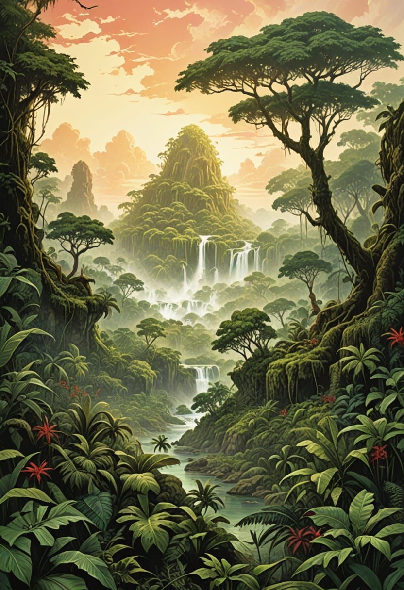 Tropical Dream Jungle Landscape in Heroic Fantasy Style