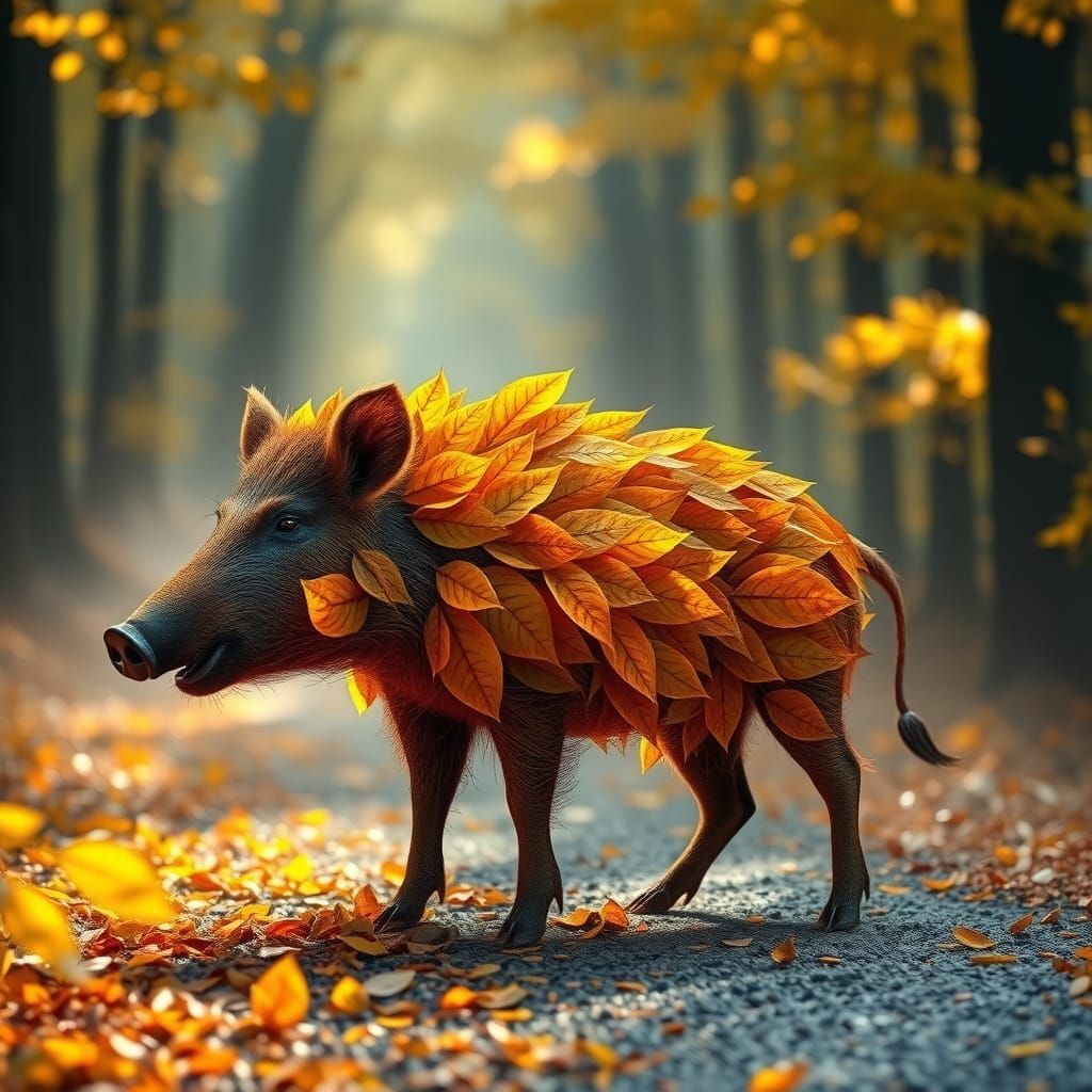 In the chestnut forest, a large wild boar made of orange-green chestnut leaves stands on a forest path with light fog ov...