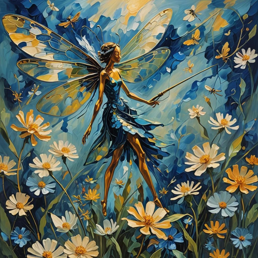 Fairy on Dragonfly in Abstract Expressionist Oil Painting