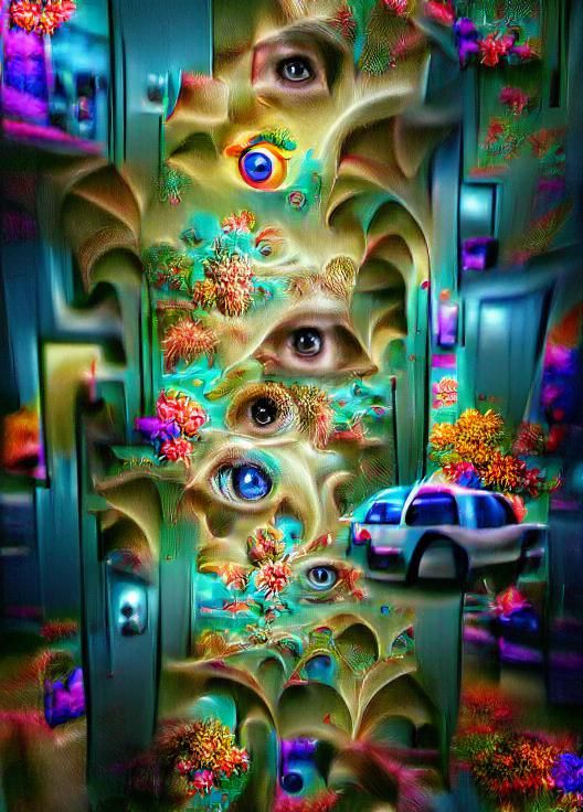 Psychedelic Fractal Portal with Eyes in Film Noir