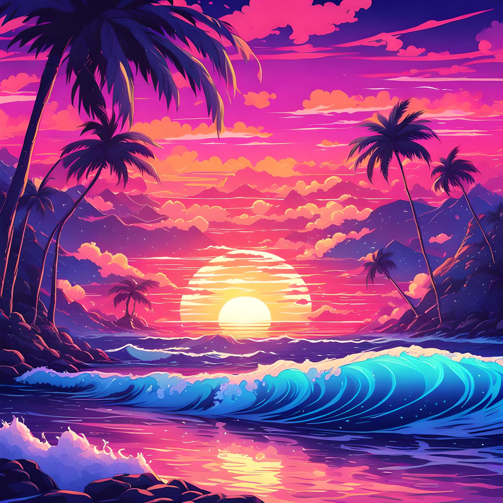 Neon Sunset Ocean Waves in Anime Style