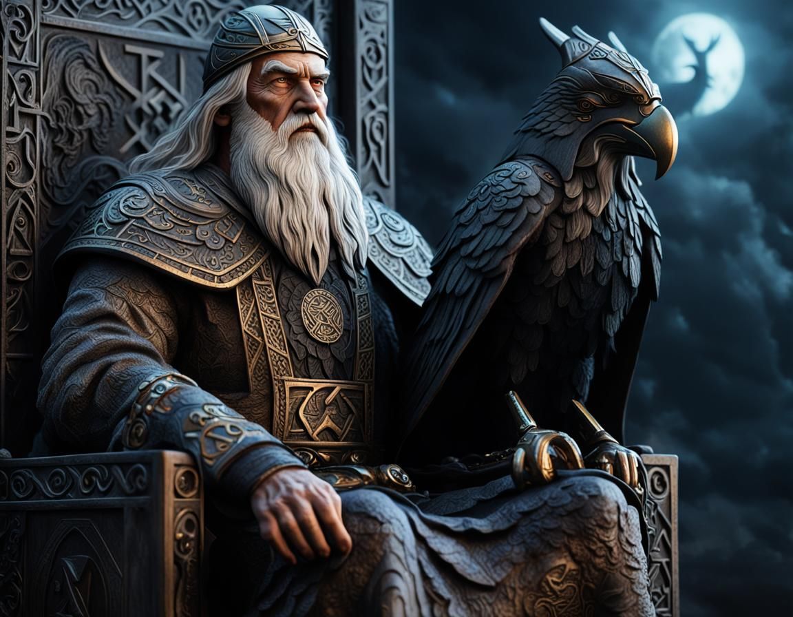 Odin Portrait with Runes and Ravens in Hyperrealism