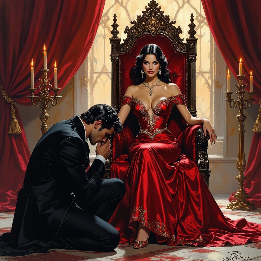 Sensual Woman on Gothic Throne in Frazetta Style