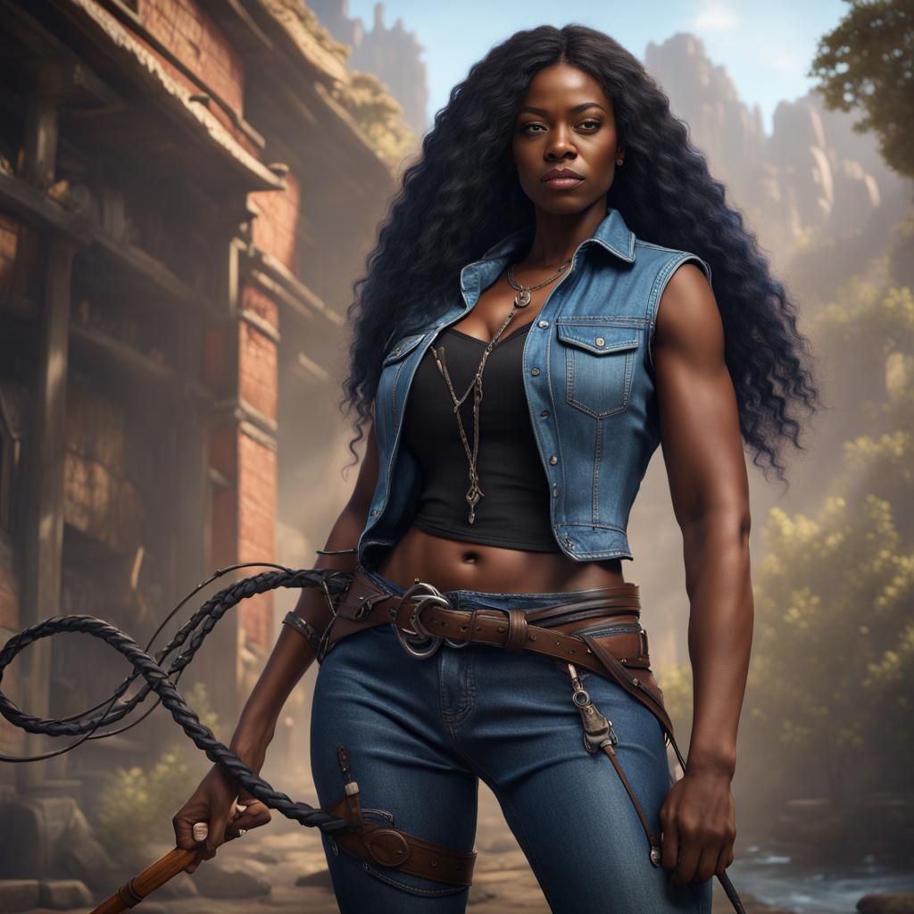 Black Woman with Whip: Detailed Fantasy Concept Art