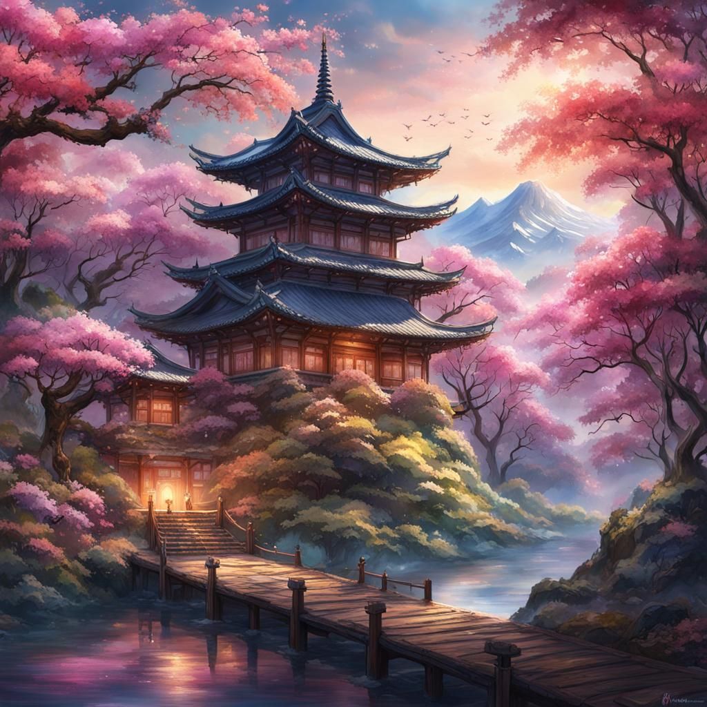 Spring Sakura Watercolor Japanese Landscape