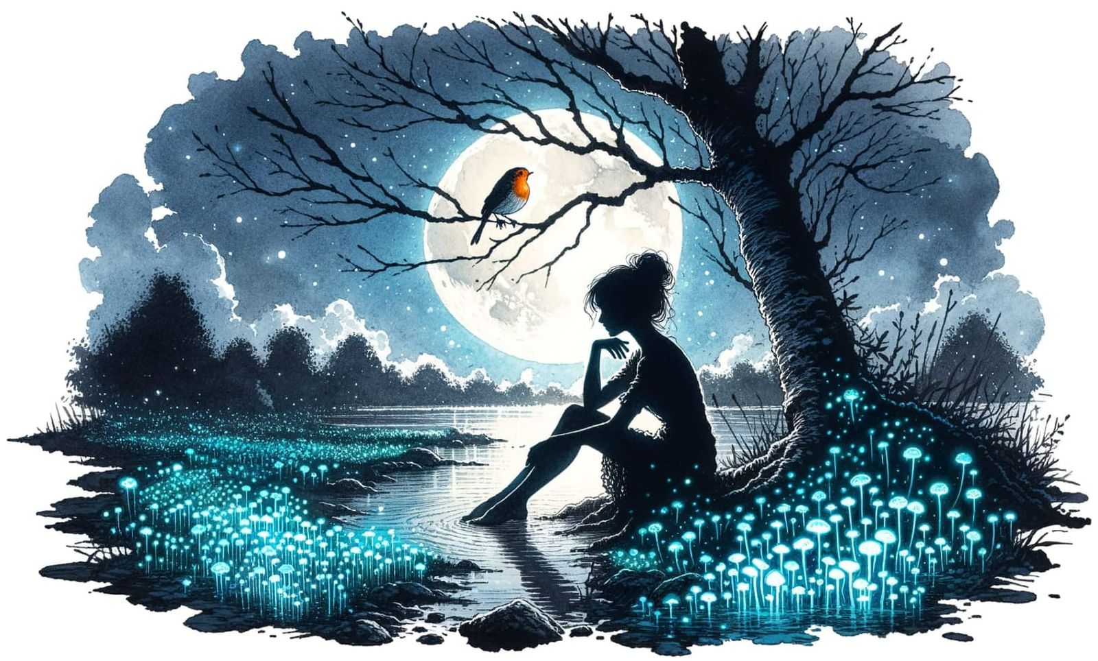 Bioluminescent Pond: Silhouette in Watercolor and Ink