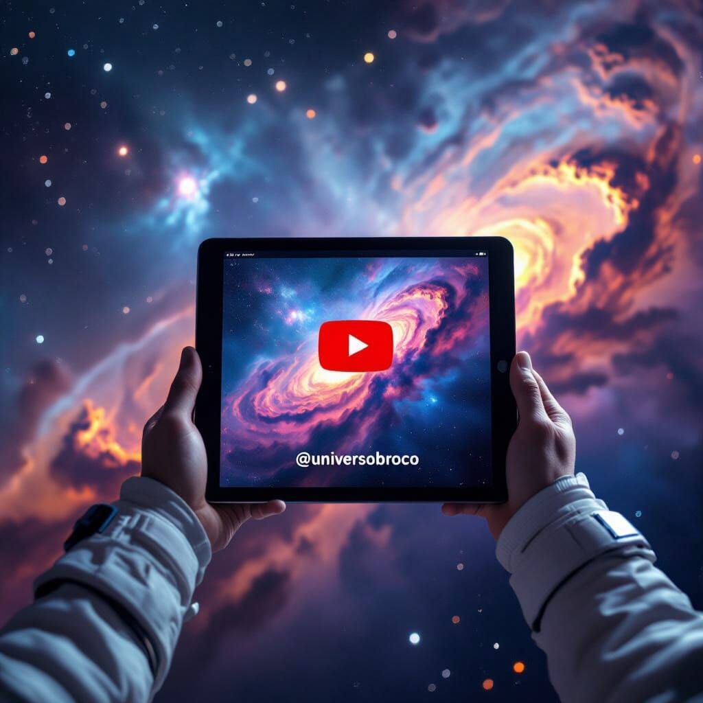 Astronaut Holds Tablet with YouTube Channel in Cosmic Vista