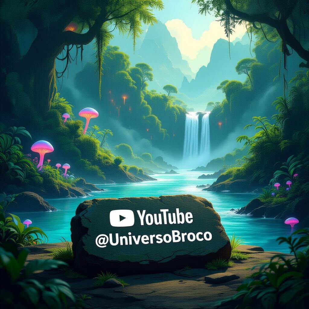 Alien Jungle Waterfall Digital Painting with YouTube Logo