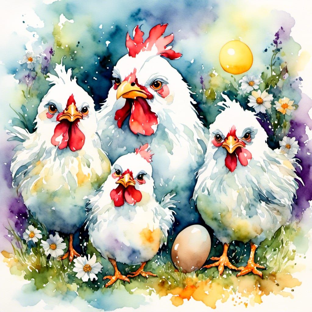 Mama Chicken with Three Angry Eggs in Fairytale Style