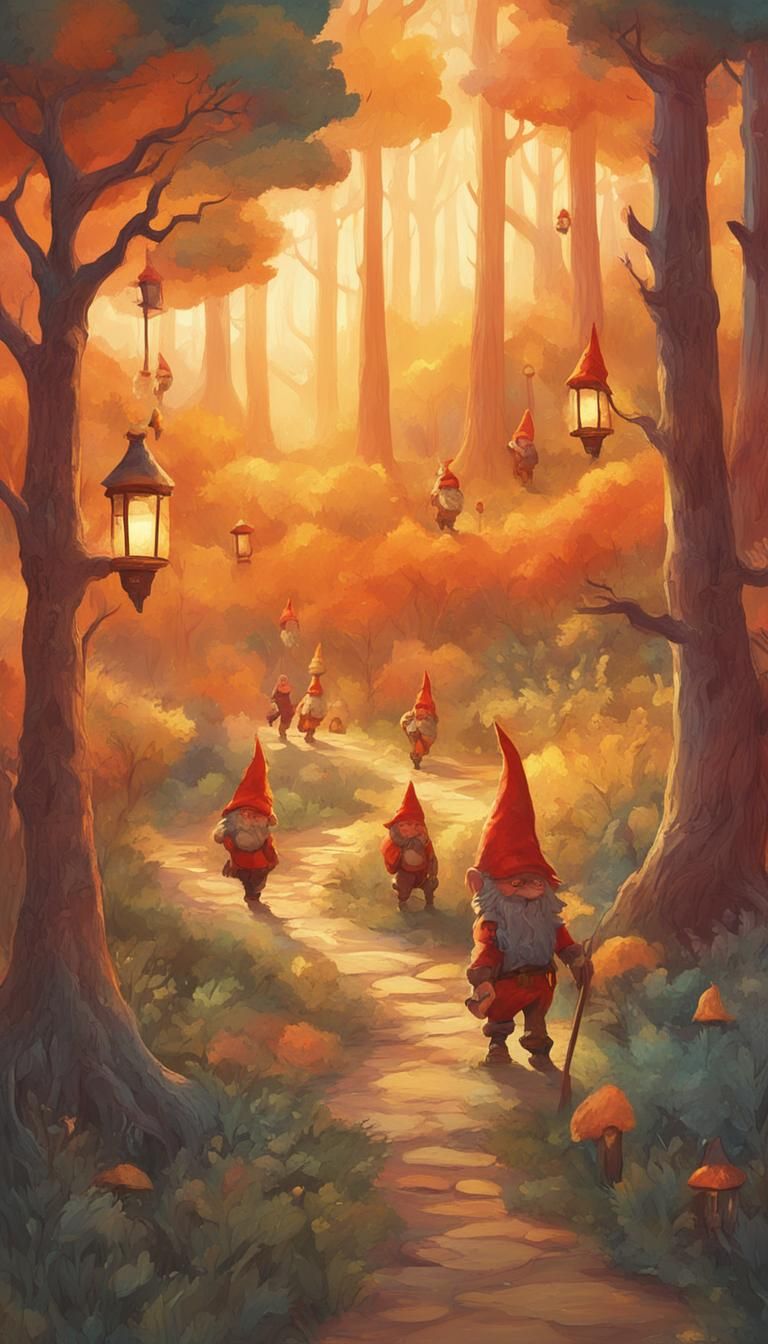 Gnomes' Moonlit Forest Adventure: Whimsical Fantasy Illustra...