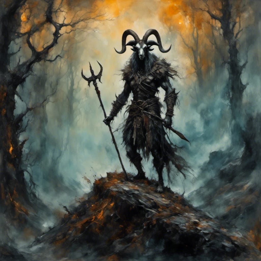 Goatman Warrior Impaling Demon in Dark Forest