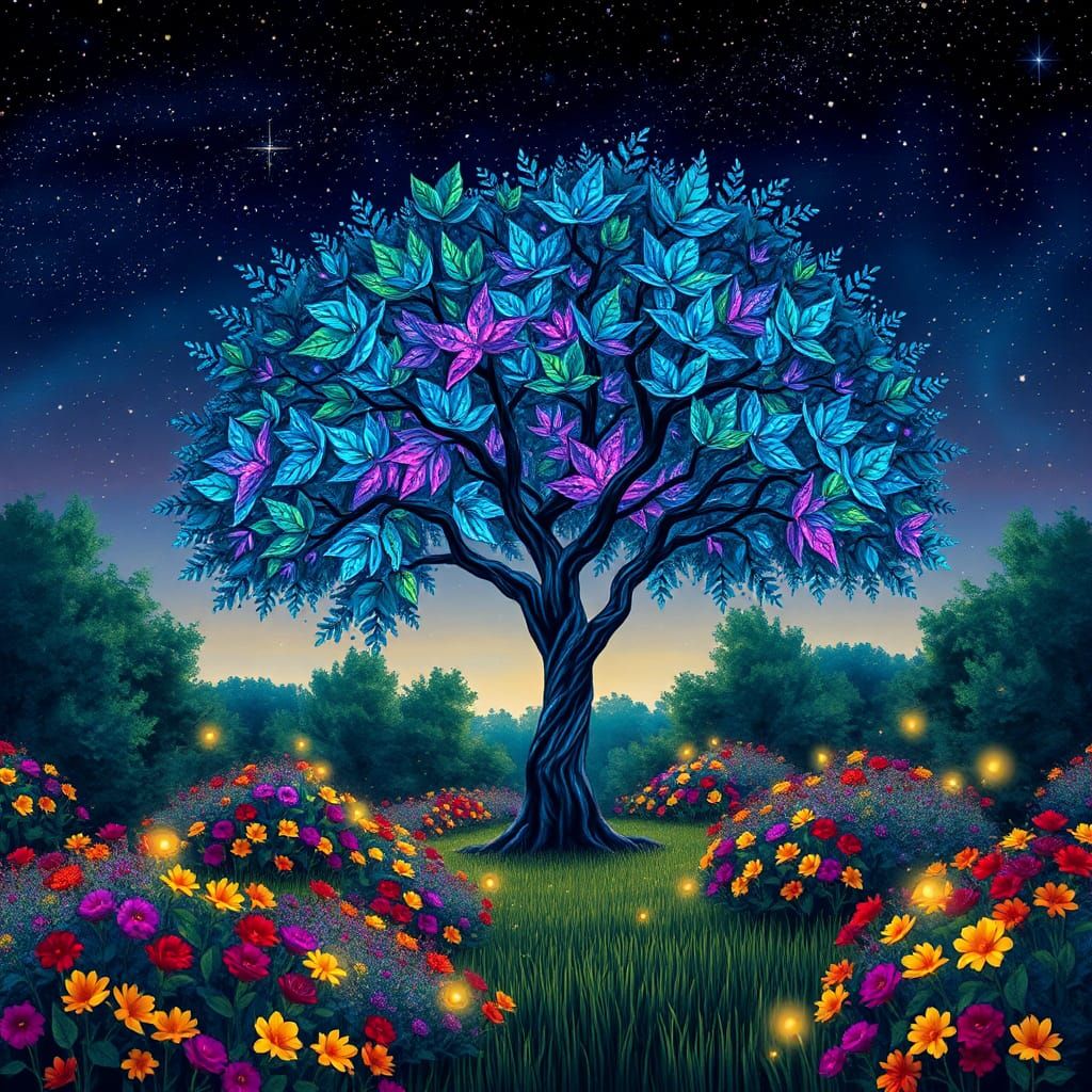 Starry Garden with Glowing Tree in Abstract Style